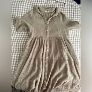 Tan Button-Up Midi Dress